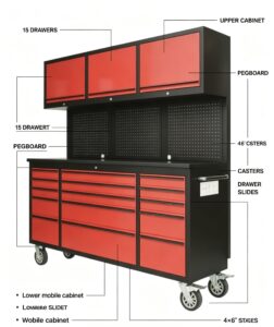72 inch 15 drawers tool chest with up cabinet & pegboard (htc7218rc)