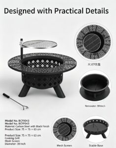 39" outdoor fire pit with removable ash pan: warmth, grilling, and easy cleanup