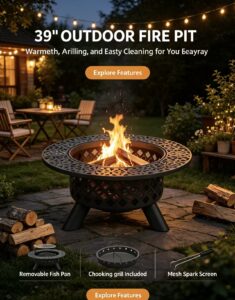 39" outdoor fire pit with removable ash pan: warmth, grilling, and easy cleanup