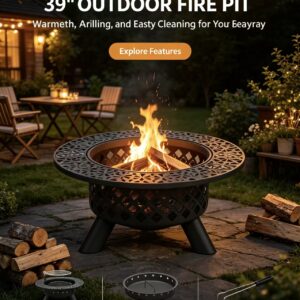 39" outdoor fire pit with removable ash pan: warmth, grilling, and easy cleanup